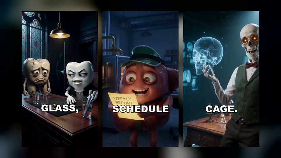 Three vertical AI clips side by side: two talking teeth, a kidney on the night shift and a skeleton professor.