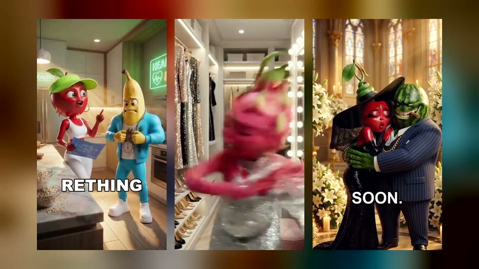 Three vertical AI fruit episodes side by side: a fruit drama, a spicy secret in a dark bar and a watermelon who fakes his death.